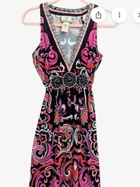 Vintage Y2K Ice Paisley Beaded V Neckline Tie Back Dress